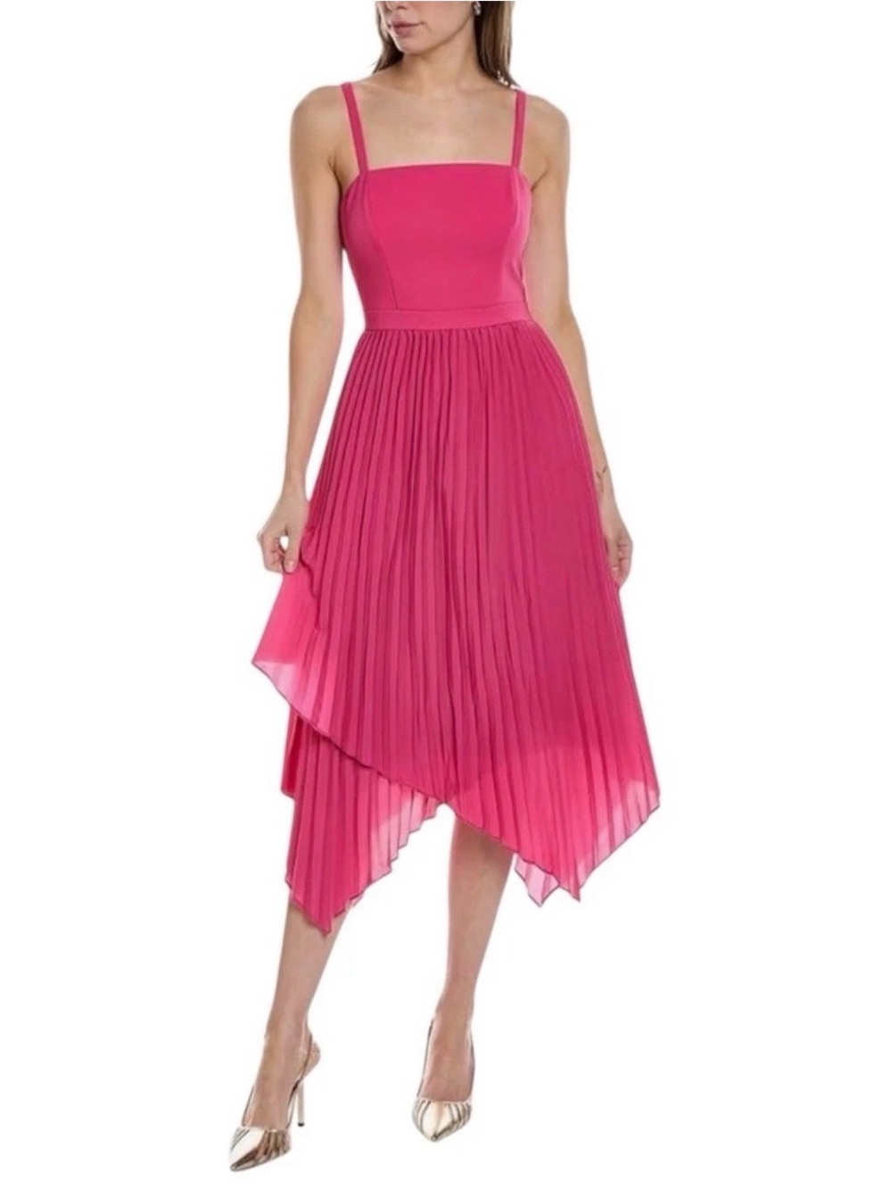 Aidan Mattox Asymmetrical Pleated Pink Midi Dress with Spaghetti Straps size 2